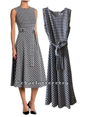 Calvin Klein Black & White Houndstooth Sleeveless Tie-Waist Midi Dress, 8